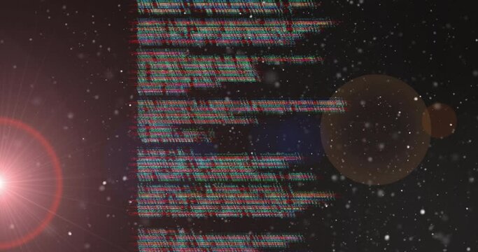 Animation of glitching data processing over bokeh spotlights and white lights on dark background