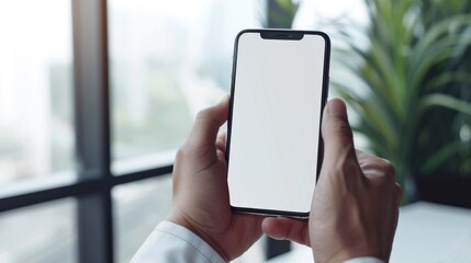 Businessman holding blank screen smartphone in office interior