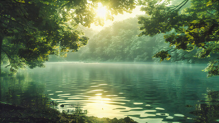 Tranquil Lakeside Forest, Reflections of Green and Blue, Serene Nature Escape into Peacefulness