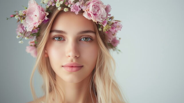 Spring Woman. Beauty Summer model girl with colorful flowers wreath and blonde hair. Flowers Hair Style. Beautiful Lady with Blooming flowers on her head. Nature Hairstyle