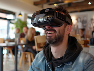 A man is immersed in virtual reality while wearing a headset inside a busy restaurant