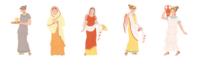 Ancient Roman Woman Character in Traditional Garment Vector Set