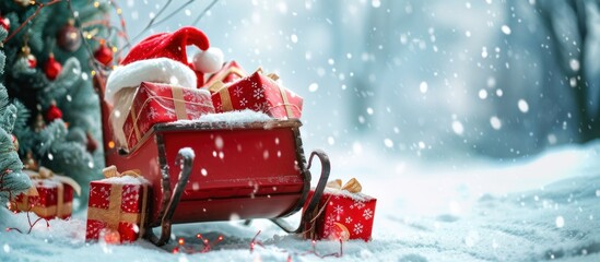 Santa sleigh full of gift and present at winter snowy scene, christmas eve - obrazy, fototapety, plakaty