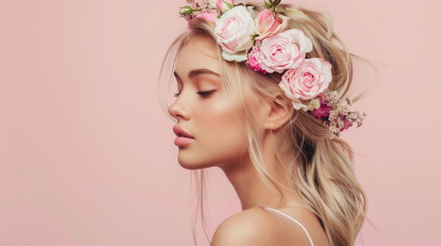 Spring Woman. Beauty Summer model girl with colorful flowers wreath and blonde hair. Flowers Hair Style. Beautiful Lady with Blooming flowers on her head. Nature Hairstyle