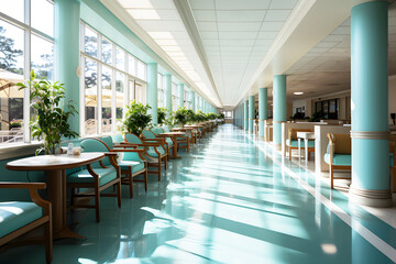 Empty walk along hospital corridor sunlight shines through window in morning. With blue chairs for patients waiting to see the doctor.  Realistic clipart template pattern.