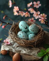 Obraz premium Colored Easter eggs with flowers on dark background. seasonal, religious holiday concept. Spring card. copy space.