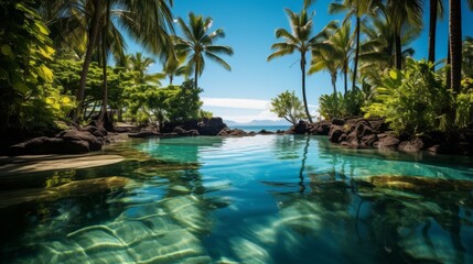 Fototapeta na wymiar Tropical paradise with a crystal clear pool surrounded by lush palm trees