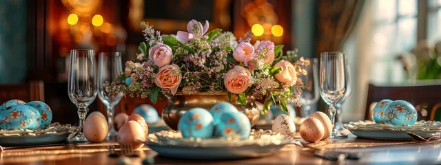 Tuinposter Table served for Easter celebration. Plates , glasses and vase with spring flowers. Seasonal holiday concept. © Анна Мартьянова
