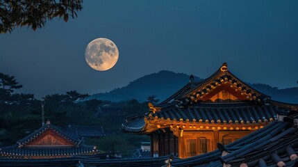 Spring time of changgyeonggung palace at night with full moon in seoul south korea - obrazy, fototapety, plakaty
