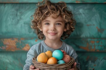 Fototapeta na wymiar boy stands against the green wall and holds a basket of colored eggs. happy easter concept. seasonal, religious holiday style