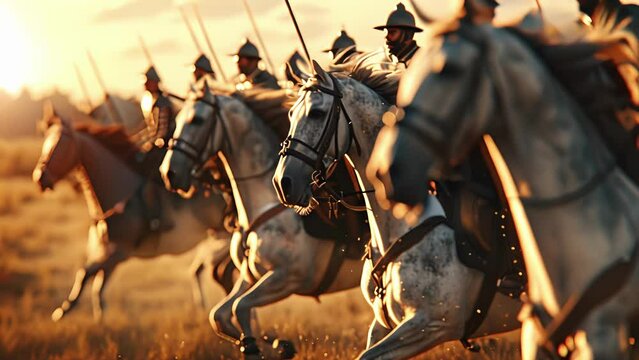 A line of cataphracts ride in formation their horses moving in perfect synchronization.