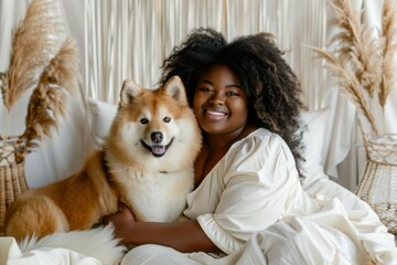 Smiling plus-size African American woman with her fluffy dog, both enjoying a cozy moment indoors.