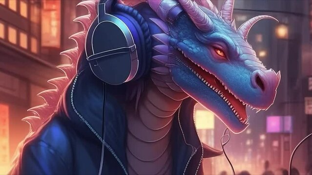 Animation color dragon wearing headphones on city background. Cartoon anime style. Video background for music. Pop art