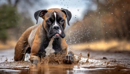 Fotobehang Muddy Fun: Playful Boxer Dog Enjoying a Splashy Puddle Romp © LynnC