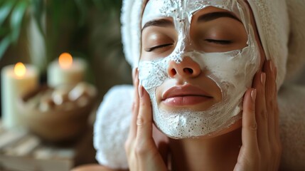 Beautiful woman applying facial mask at beauty spa salon