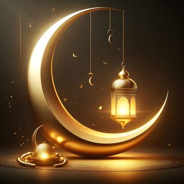 Golden crescent moon with one lanter, arabic holiday design, Ramadan background, Celebrating Ramadan