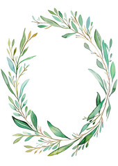 Watercolor wreath decorated with green leaves isolated on transparent background. PNG