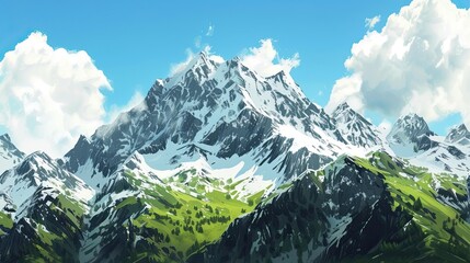 Snow-capped mountain peaks. Canyon, grass, greens, mountaineering, nature, resort, winter, skiing, grotto, cape, abyss, depth, ravine, echo, cliff, river. Generated by AI - obrazy, fototapety, plakaty