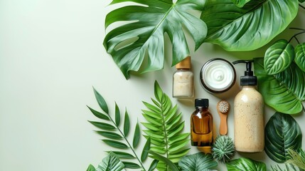 Cruelty-free beauty products made with natural ingredients and no animal testing, showcased with green leaves. - obrazy, fototapety, plakaty