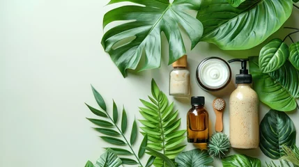 Foto op Plexiglas Cruelty-free beauty products made with natural ingredients and no animal testing, showcased with green leaves. © Muhammad_Waqar