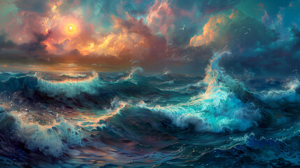 Turbulent ocean waves under a stormy sky with the sun illuminating the clouds in a dynamic seascape. - obrazy, fototapety, plakaty