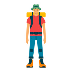 A man with a backpack. Hiking and trekking in nature. Vector illustration
