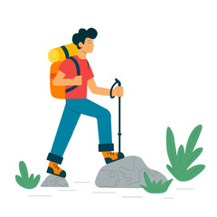 Obraz premium A man goes on a hike. Hiking and trekking in nature. Vector illustration