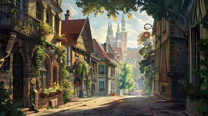 A quaint cobblestone street with charming buildings ai generated