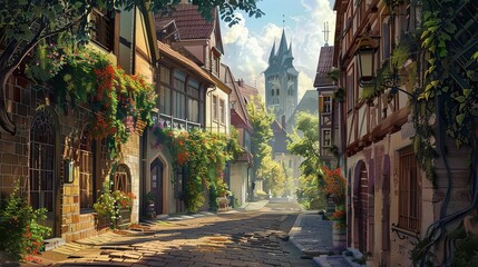 A quaint cobblestone street with charming buildings ai generated