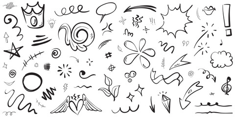 Fototapeta na wymiar Vector set of hand-drawn cartoony expression sign doodle, curve directional arrows, emoticon effects design elements, cartoon character emotion symbols, cute decorative brush stroke lines.