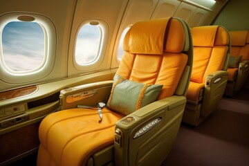 First-class business luxury seats for vacations, airplane seats in the cabin, Luxurious interior of a private jet, Premium Business Class Seats for Luxury Air travel generated