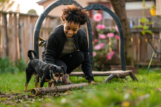 A cheerful woman trains her small dog outdoors with agility equipment in a backyard garden.