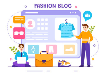 Fashion Blog Vector Illustration with Bloggers Review Videos of Fashionable Clothes Trends and Run Online in Flat Cartoon Background Style