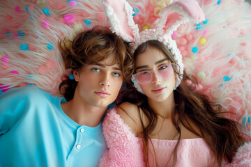 Happy couple in bunny ears on festive background. Easter concept
