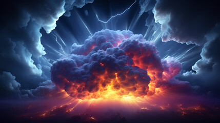 Surreal cloudscape with sun rays breaking through the clouds