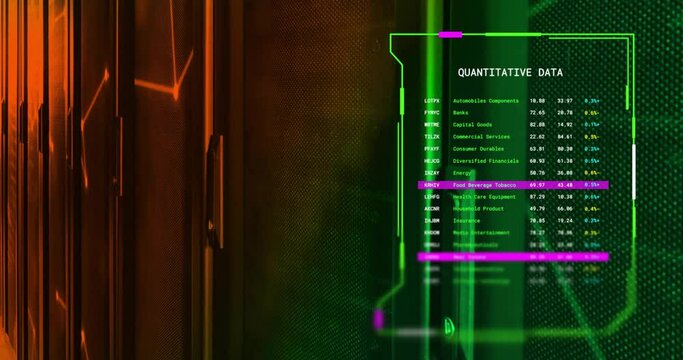 Animation of interface processing quantitative data over glowing networks and dark servers