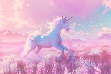 Pink Unicorn in a Field of Flowers A Magical Moment for the Month of Love Generative AI