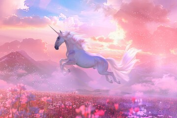 Pink Unicorn Flying in a Field of Flowers A Dreamy, Magical Moment for the Month of Love Generative AI