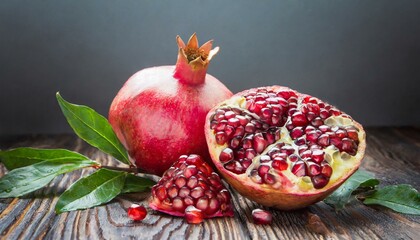 Delightful Duo: Whole Pomegranate and Its Halved Companion with Leafy Accents