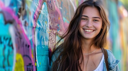 Smiling Beauty with Long Hair and Necklace in Front of Colorful Wall Generative AI