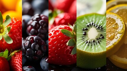 Collage of different fruits and berries. Panoramic image.
