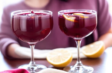 Naklejka premium Christmas composition. On the table are two glasses of mulled wine with cinnamon, pomegranate, and orange. Close-up