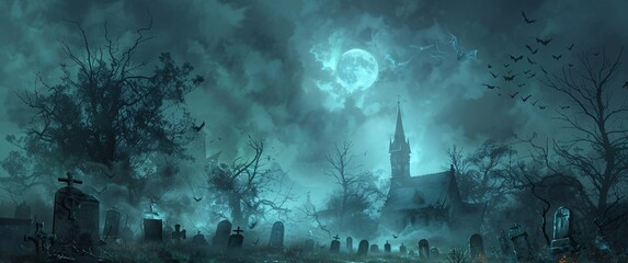 Ghostly Night at the Cemetery A Halloween-Inspired Scene Generative AI - obrazy, fototapety, plakaty
