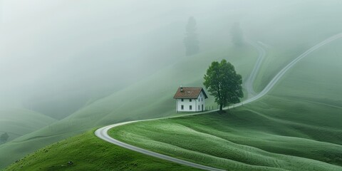Casa blanca aislada en un paisaje verde y frondoso de Suiza, Hotel rural en mitad del campo - obrazy, fototapety, plakaty