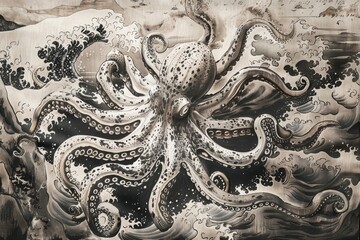 Ilustración pulpo hecho con tinta china, mitología monstruos marinos, representación pulpo gigante en cultura asiática 