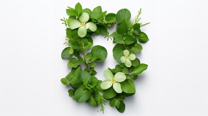 Botanical Harmony: Floral Layout with Number 5 Made from Fresh Green Leaves