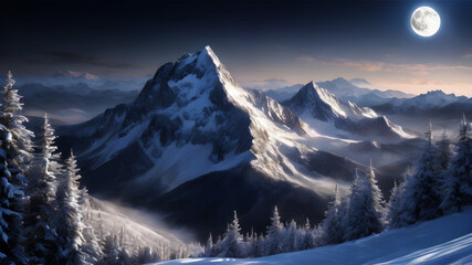 Picture a majestic mountain peak bathed in the silvery light of a full moon. The snow-covered...