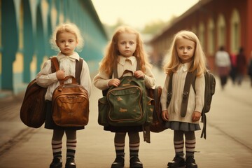 Little friends with school bags on the school, school children with backpack ready to go to school, Ai generated