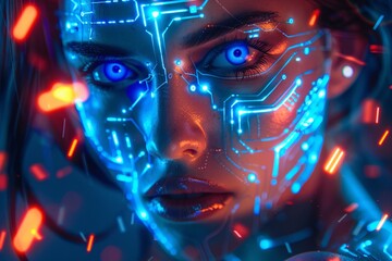 Neon Cyber Goddess Blue Eyes, Wires, and Glowing Skin Generative AI