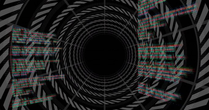Animation of text data processing over tunnel of concentric rings on black background